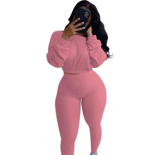 

autumn 2020 woman knitted ribbed tracksuit 2 pcs set long sleeve solid sweater with pants suit female fitness outfits, Black;blue