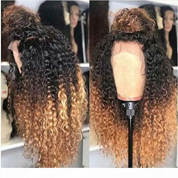 

1b 27 deep part 13*6 ombre brazilian curly front human preplucked natural hairline remy hair lace wigs for women, Black;brown