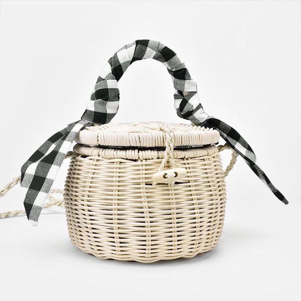 

new rattan bag handbag lattice silk scarf portable straw bag cylinder small jar beach