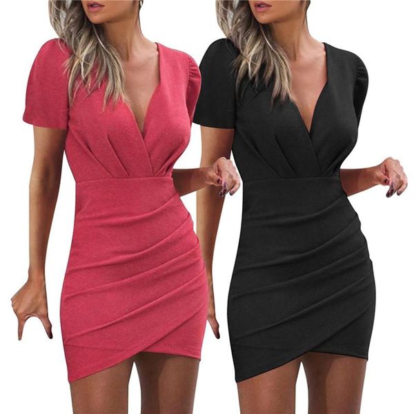 

fashion slim deep v-neck mini dress office high waist short sleeve wrap dress summer women elegant solid party dresses, Black;gray