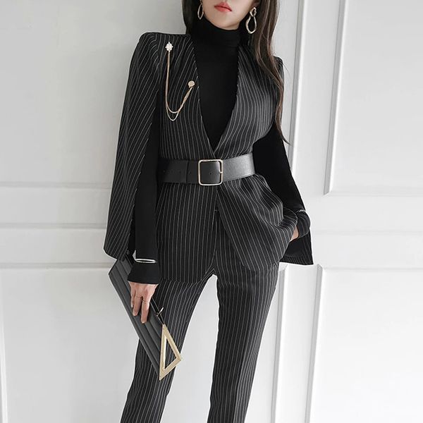 

stylish women blazer set belted cloak jacket & suit pants elegant female striped pant suit ladies 2 pieces set, White;black