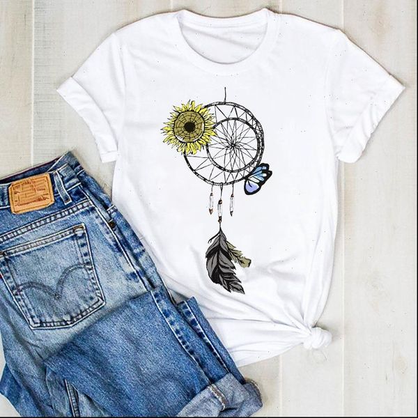 

women lady sunflower feather cute fashion print ladies summer t tee tshirt womens female shirt clothes graphic t shirt, White