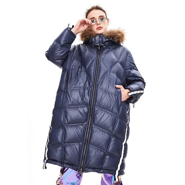 

2021 new winter thick jacket furry hooded white duck down loose style women warm long coat casaco feminino dvd7, Black
