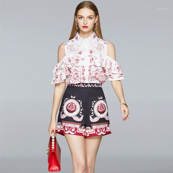 

summer shorts suit 2 piece set off shoulder floral print blouse &short pants suit vintage lady tracksuit1, White