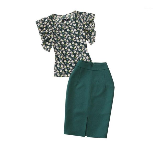 

women's suits women's new style summer fashion printed chiffon thin small shirt shirt +dark green bag hip pencil skirt two-piece1, Gray