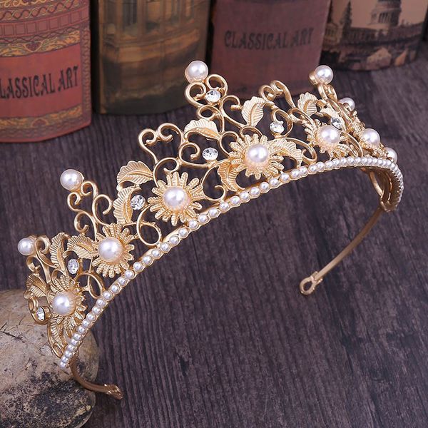 Forseven Mulheres Menina Princesa Rodada Noiva Noiva Casamento Cabelo De Jóias Acessórios Imitação Pérola Girassol Liga Crown Tiaras J0121