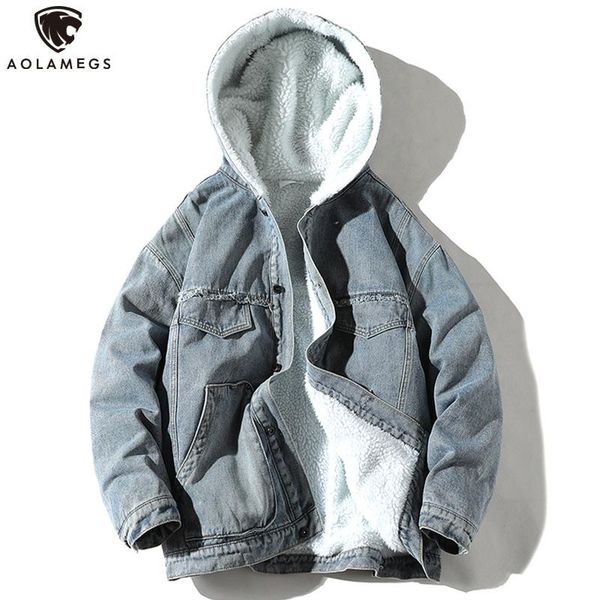 

aolamegs winter lambwool jacket men women thick denim coats fashion padded hooded cotton jacket casual high street vintage parka, Black