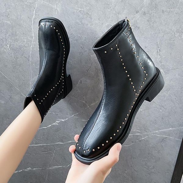 

boots soft leather women's 2021 square head rivet net red wild thick-soled short thin1, Black