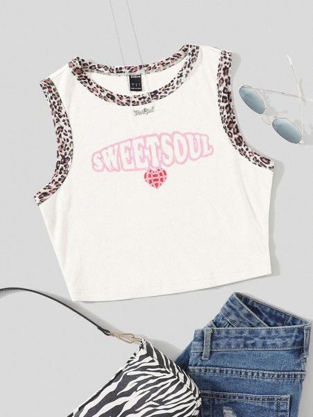 

heart & letter graphic rib knit contrast leopard binding tank g6bl#, White
