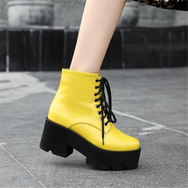 

pxelena plus size 34-43 patent leather chunky platform high heels combat boots women lace up motorcycle punk rock gothic boots, Black