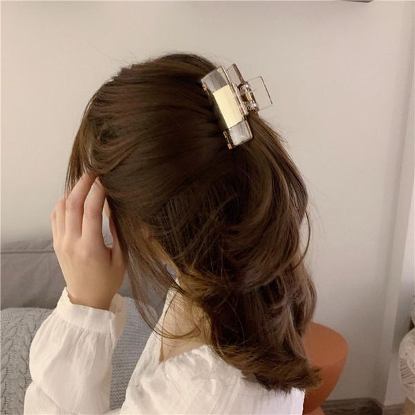 

aomu 2020 korea fashion transparent champagne acrylic metal splicing geometric rectangle hair claws hairpins for women bbycey bdehome, Golden;white