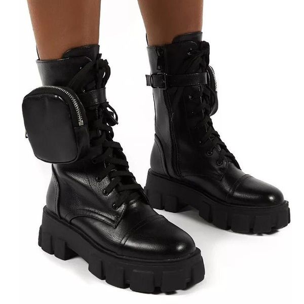 

2020 chunky women boots pocket platform boots fashion brand designer ankle motorcycle female sole pouch women shoes, Black