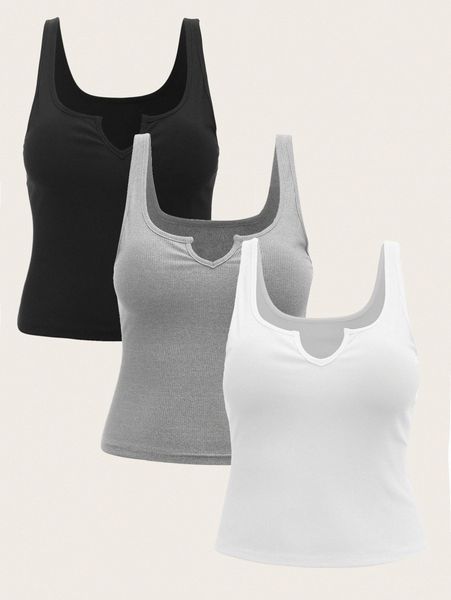 

plus 3pcs notched neckline tank d870#, Black