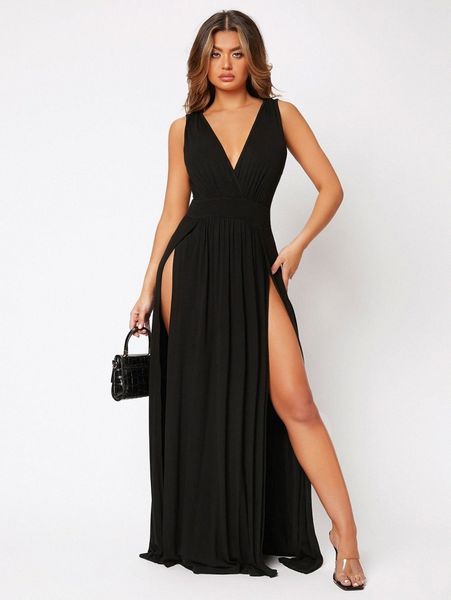 

solid split thigh tank dress b9ds#, Black;gray