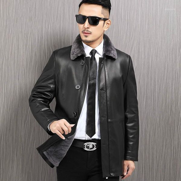 

autumn winter genuine leather jacket men sheepskin coat wool liner real fur coats chaqueta cuero hombre 99-a76025 kj13821, Black