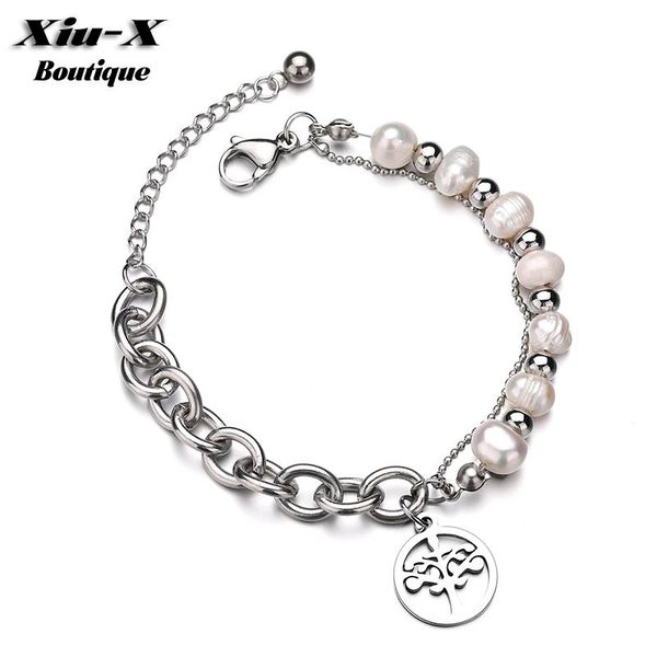 

tree of life pearl beaded charm bracelets for girls luxury stainless steel rolo chain bracelet & bangles for women jewelry gifts, Golden;silver