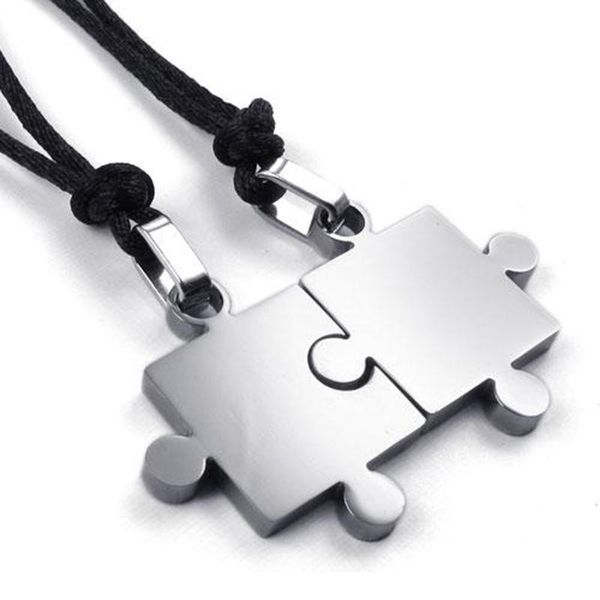 

2 pcs/bag stainless steel puzzle pendant necklaces black & silver color for romantic couple with nylon rope fashion jewelry