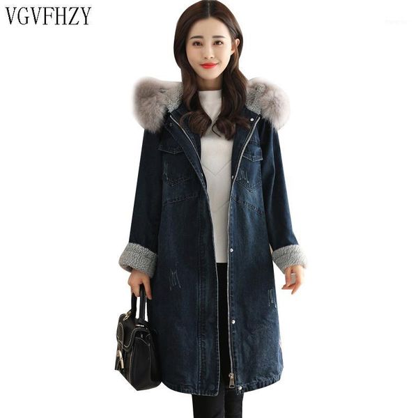

winter women denim cotton jacket 2018 new large size mid-long plus velvet female outerwear thick fur collar ladies parkas1, Tan;black