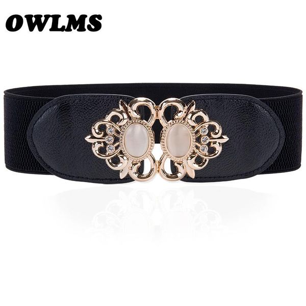 

popular fashion opal cutout gold buckle elastic waist belt strape leather wide cummerbund trench gift women, Black;brown