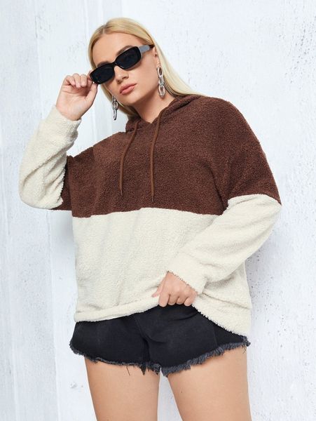 

plus two tone drawstring teddy hoodie d0n1#, Black