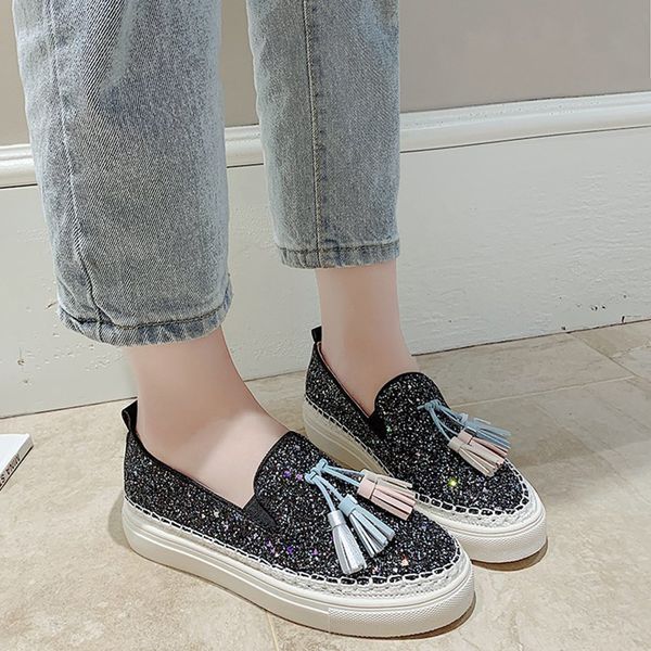 

2021 the new flai black with moccasins women tassel glitter shoe platform ladies spring sliding in shoes bo1z