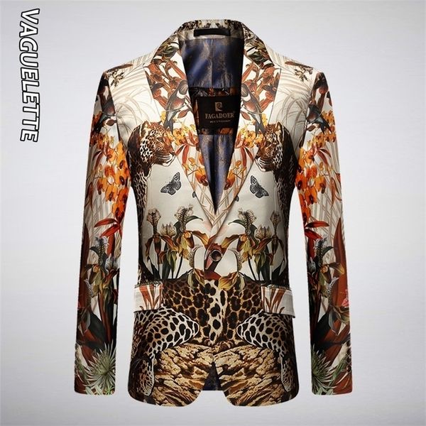 Vagelette Luxo Leopardo Padrão Slim Fit Blazer Masculino Primavera Mens Blazer Jaqueta Elegante Festa Casacão Casacão 201104