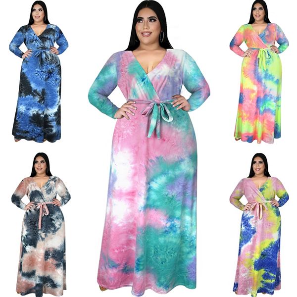 

l-5xl женщины платье градиент цветовая галстука dye maxi платья v шея степень сач длинные платья пляти богемные платья вечеринка одежда e122, White