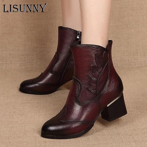 

lisunny vintage casual ankle boots women shoes genuine leather retro high heels ladies shoes botas mujer boots female booties, Black