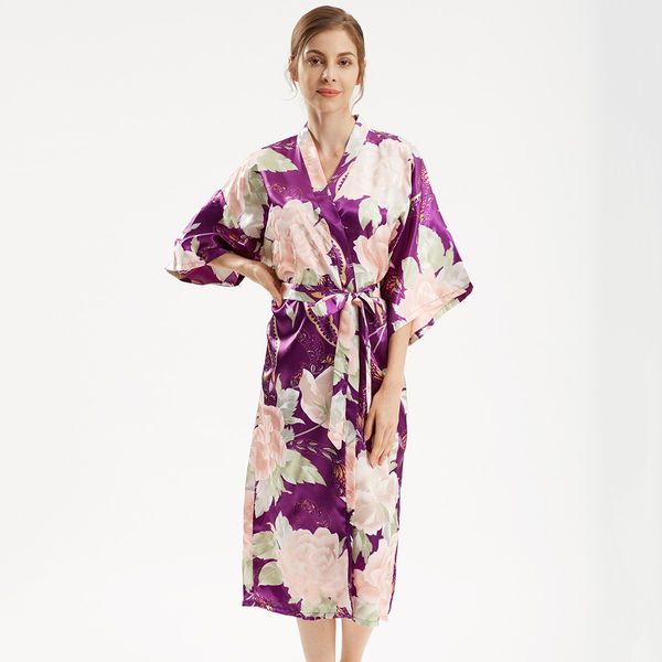 

print flower sleepwear women nightgown satin bride bridesmaid wedding robe kimono gown silky large size intimate lingerie, Black;red