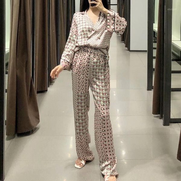 

2020 herfst vrouwen 2 stuks set lange mouwen geometrische print shirt blouse en lange broek losse casual two piece set women1, Gray