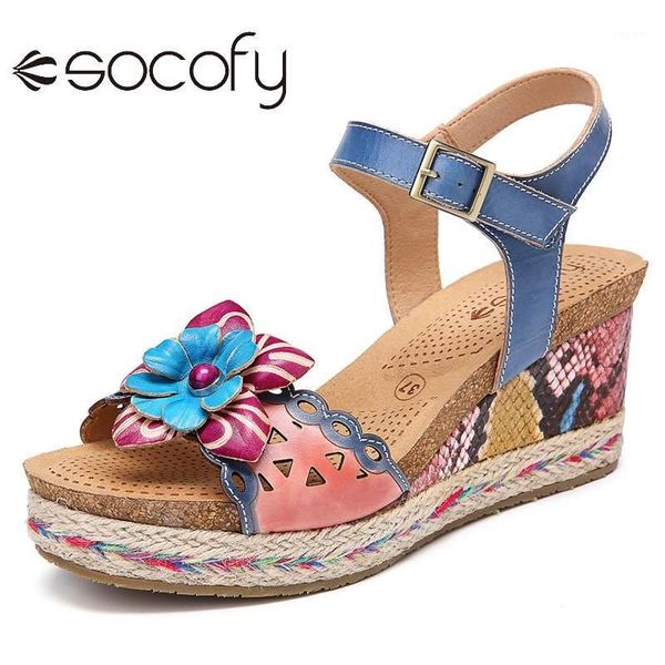 

socofy womens wedge sandals snakeskin floral decor hollow ankle buckle strap sandals shoes casual outdoor beach shoes 20201, Black