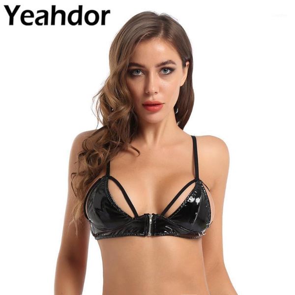 

women wet look clubwear unlined bra patent leather adjustable spaghetti strap underwear erotic lingerie nightclub1, Red;black
