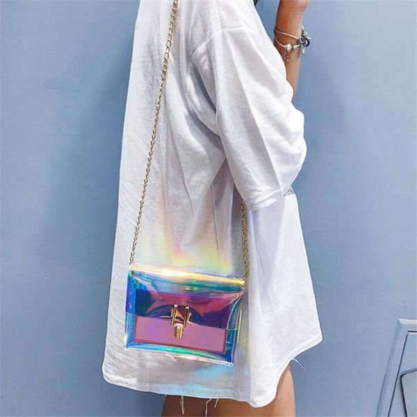 

2020 new brand women transparent laser bag summer sweet ladies girls pvc chain bag adjustable belt women bags ing
