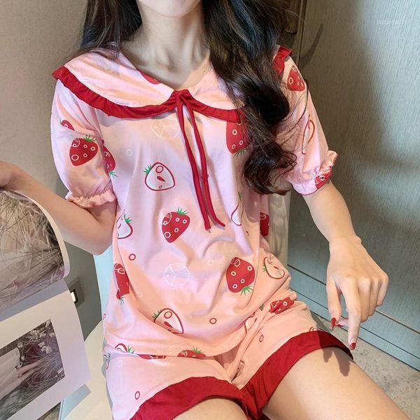 

women's sleepwear girl pajamas set short sleeve summer women print comfortable homewear clothing pajamas1, Black;red