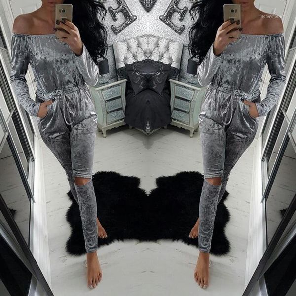 

wholesale- 2017 one piece ladies jumpsuits rompers off shoulder velvet jumpsuit women slim overalls casual long pants romper gv4421, Black;white