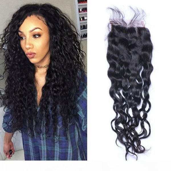 

бразильская человеческих волос шнурка закрытие 4x4 water wave необработанные virgin hair закрытие отбеленные сучки с волосами младенца, Black;brown