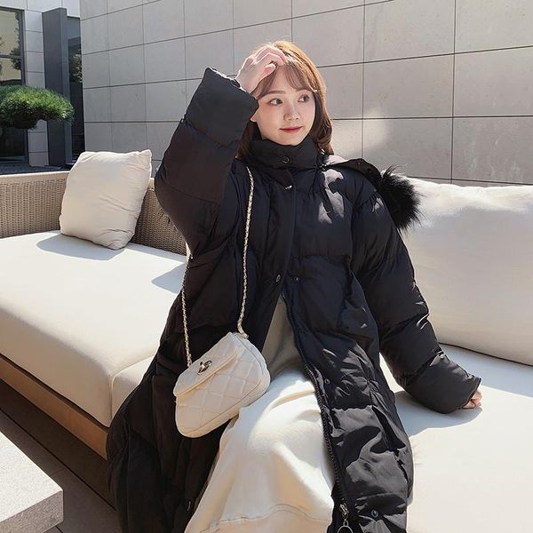 

women mew office lady warm parka coat with fur collar winter jacket fashion pocket design long hooded parka, Black