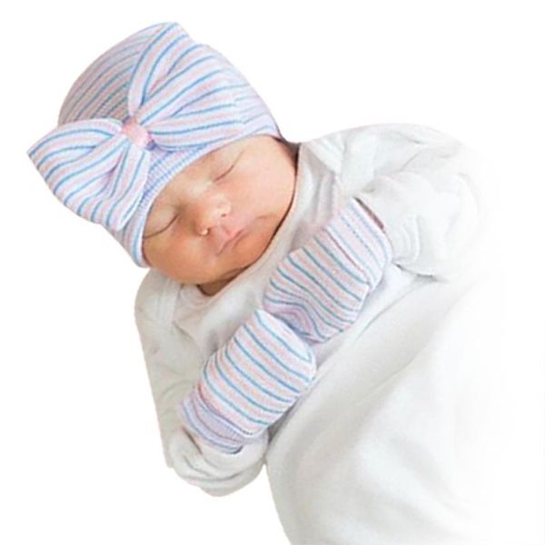 

newborn baby pure cotton nursing tire cap big bow soft warm knitted gloves hat suit cute boy girl baby beanie hood, Slivery;white