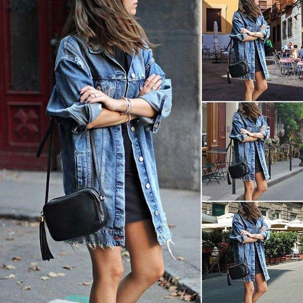 

women's fashion turn-down collar long sleeve jacket ladies casual patch denim ripped new outwear hole bule coat1, Black;brown