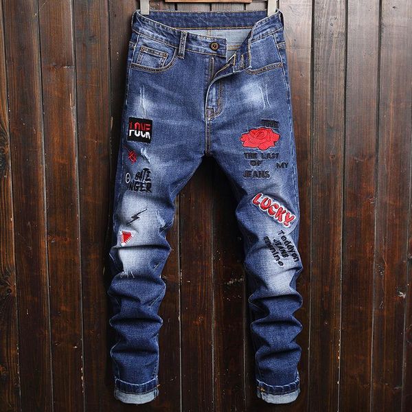 

men's jeans elastic baylor rhinoceros small leg personality casual men red flower letters embroidery stretch denim pants, Blue