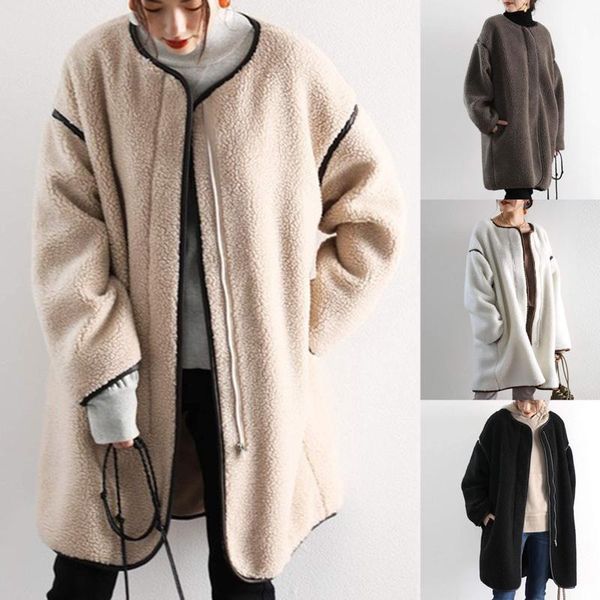 

women's solid color loose woolen cloth zipper coat o-neck casual long coat jackets for women jacket women jackets 2020, Black;brown