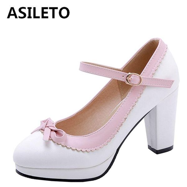 

asileto large size 33-46 sweet women pumps shoes round toe mary janes strap pumps bowtie wedding footwear sapatos femininos, Black