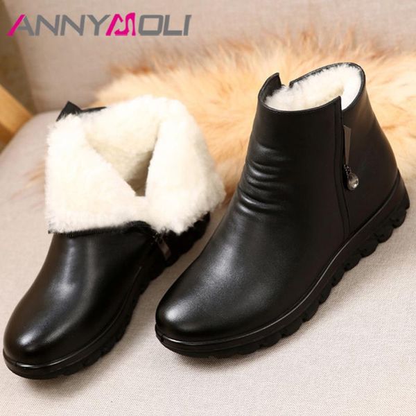 

annymoli real leather natural wool fur platform flat snow boots women ankle boots shoes zip crystal warm short winter 43, Black