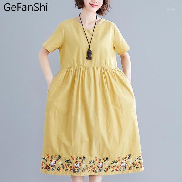 

2020 new vintage summer dress short sleeve women elegant embroidery midi sundress loose casual party beach vestidos1, Black;gray