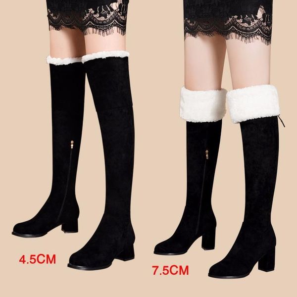 

flock women over the knee boots fashion square heel pointed toe stretch zipper party ladies long shoes black plush thick warm