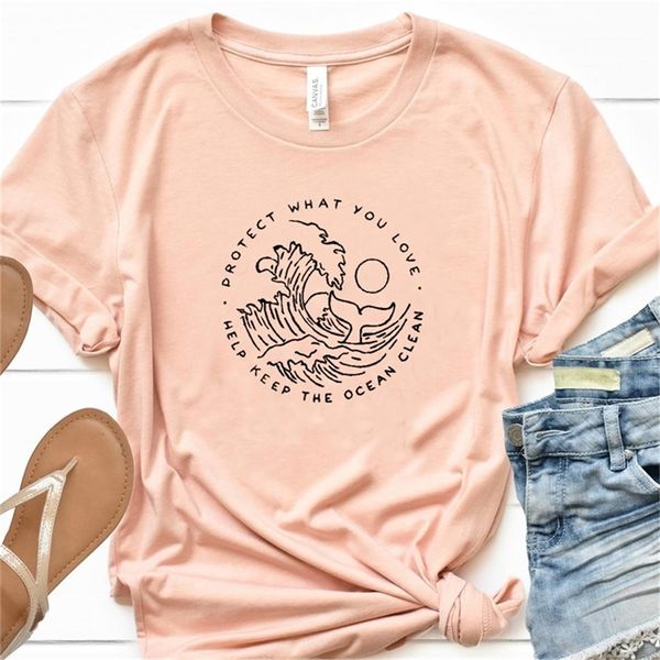 Aiuta a mantenere l'oceano pulito Graphic Tees Women Protect What You Love Slogan Tshirt Save Whales T-shirt Ragazze Cotton Tops Drop Ship LJ200813