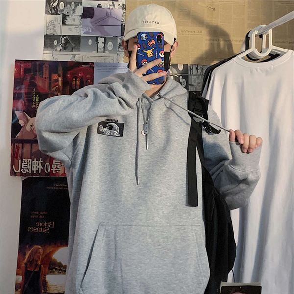 

autumn and winter high street hooded astronaut sweater men's fashion ins lovers' wear plush thick boy coat, Black