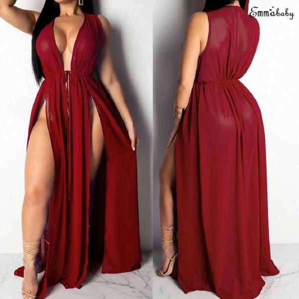 

casual dresses women summer boho maxi long dress evening party beach sundress female tank sleeve sashes front split hollow 20211, Black;gray