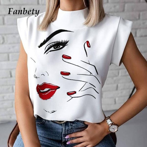 

2xl elegant lips print blouse shirts women summer casual stand neck pullovers ladies fashion eye short sleeve blusa y200622, White