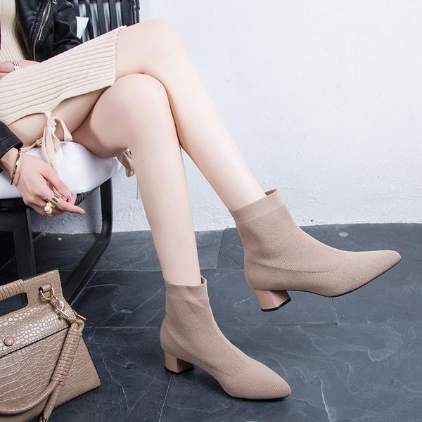 

boots black beige square heel sock women stretch fabric pointed toe ankle mid short